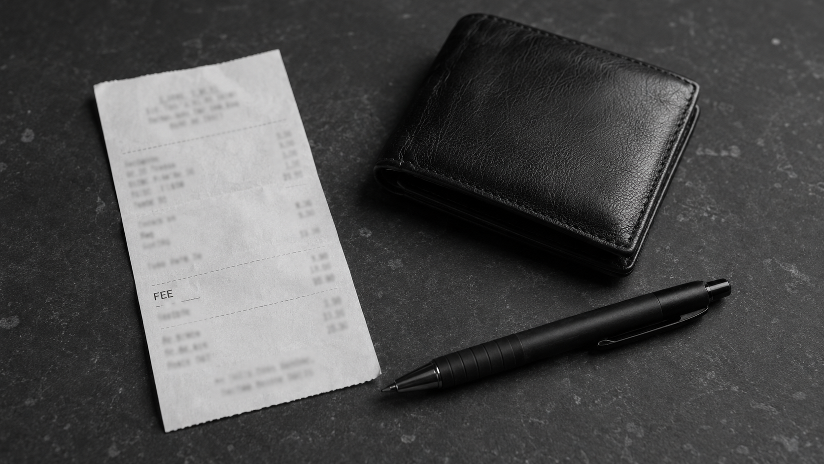 A receipt, wallet, and pen in black and white